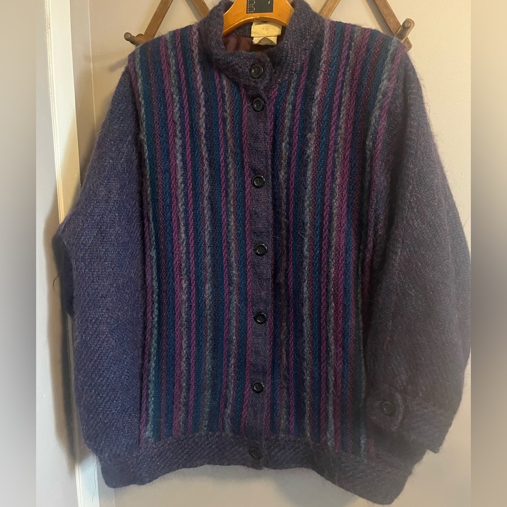Vintage wool mohair blend sweater jacket nylon lined pockets purple & violet XL